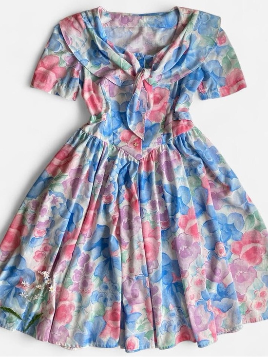 Vintage Dresses & Skirts - Vintage 80s watercolor floral classic spring dress